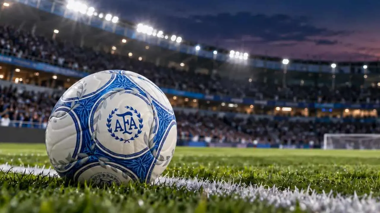 Pelota de fútbol con el logo de AFA en un estadio de fútbol