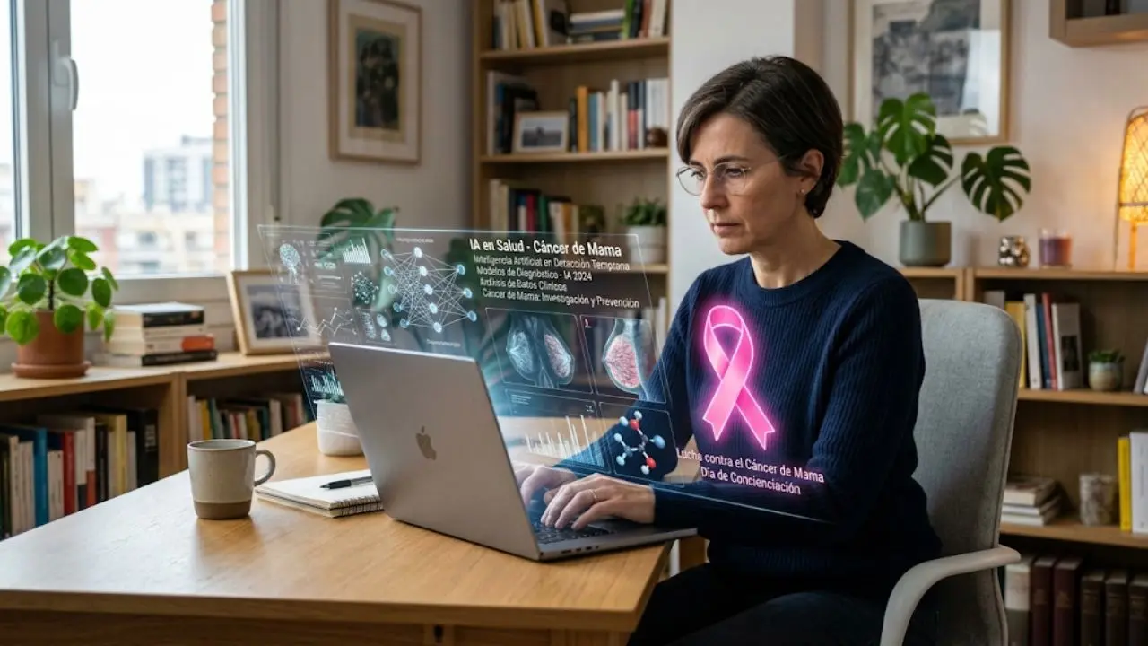 Una mujer buscando en una computadora. Imagen generada por IA