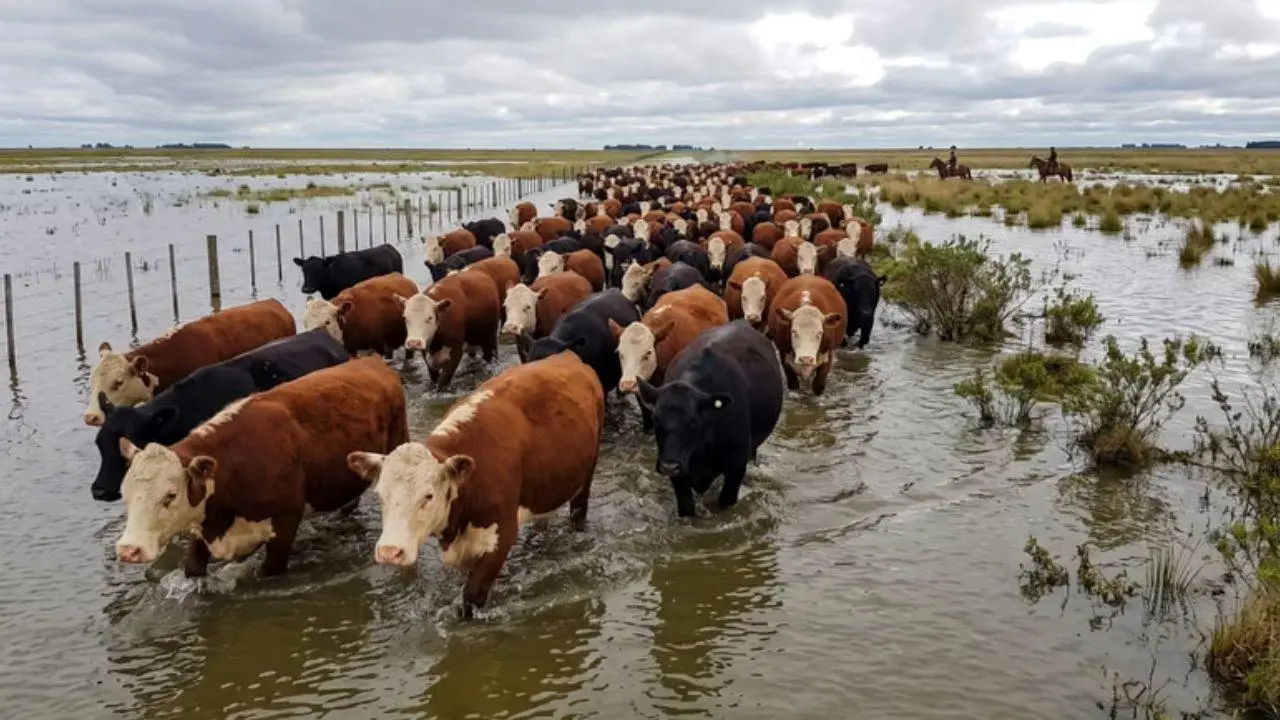 Evacúan vacas en campos inundados por El Niño
