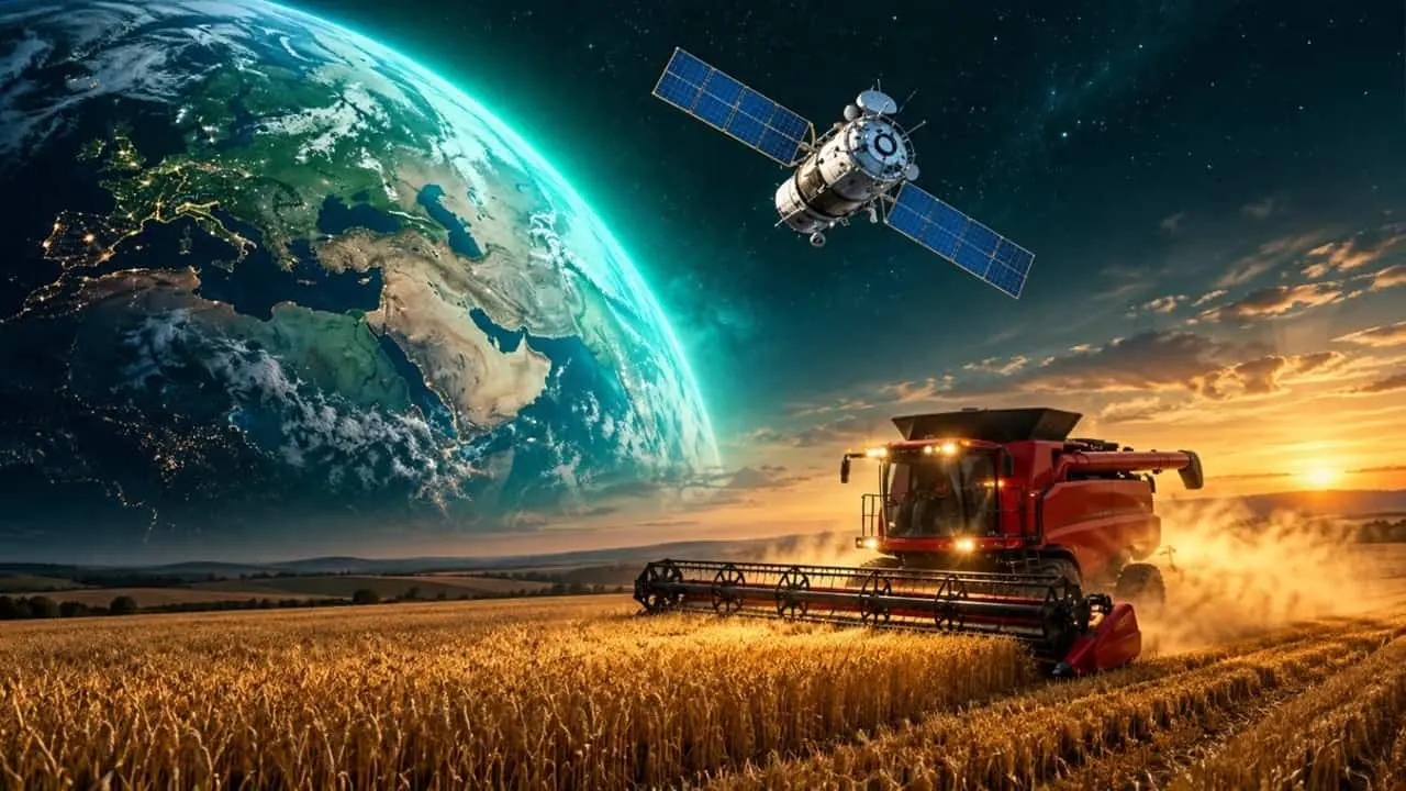 CAMPO CON UNA MÁQUINA TRABAJANDO Y UNA IMAGEN GENERADA CON IA DE UN PLANETA TIERRA Y UN SATÉLITE SOBRE EL CIELO
