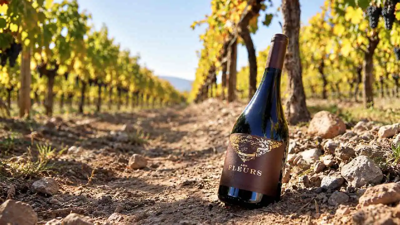 Una botella de vino tinto en un viñedo