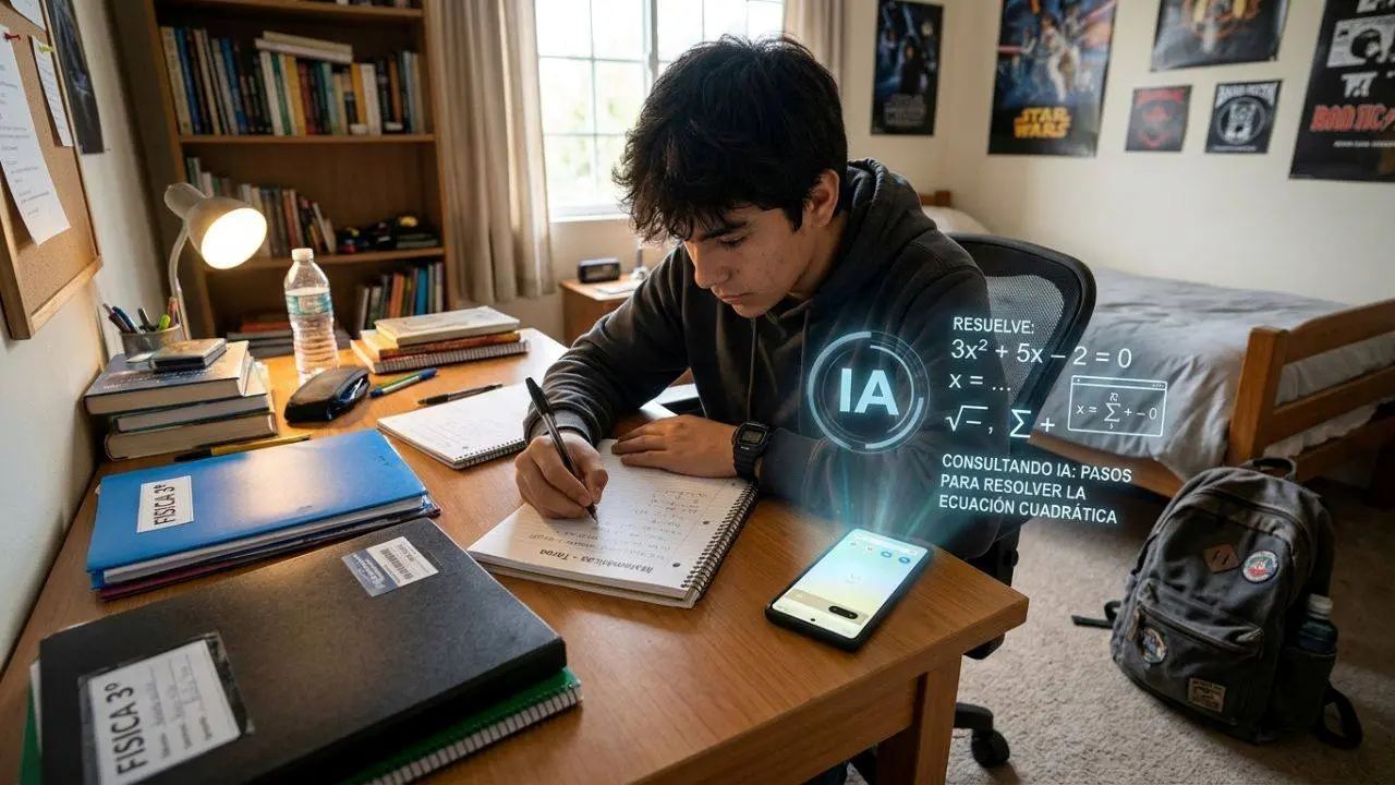 Un joven estudiando en su habitación, con un celular y preguntando todo a la IA. Imagen generada por IA