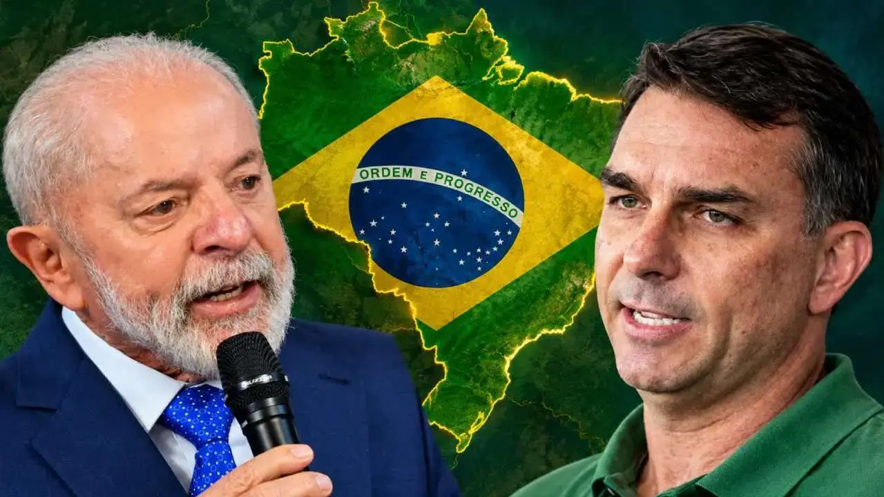 Lula y Bolsonaro con la silueta de Brasil y la bandera dentro