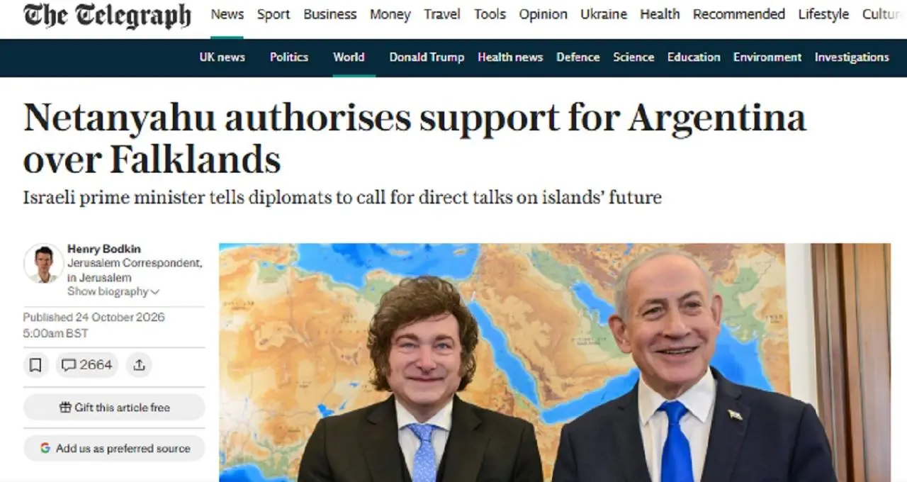 Noticia de The Telegraph con Benjamín Netanyahu parado al lado de Javier Milei
