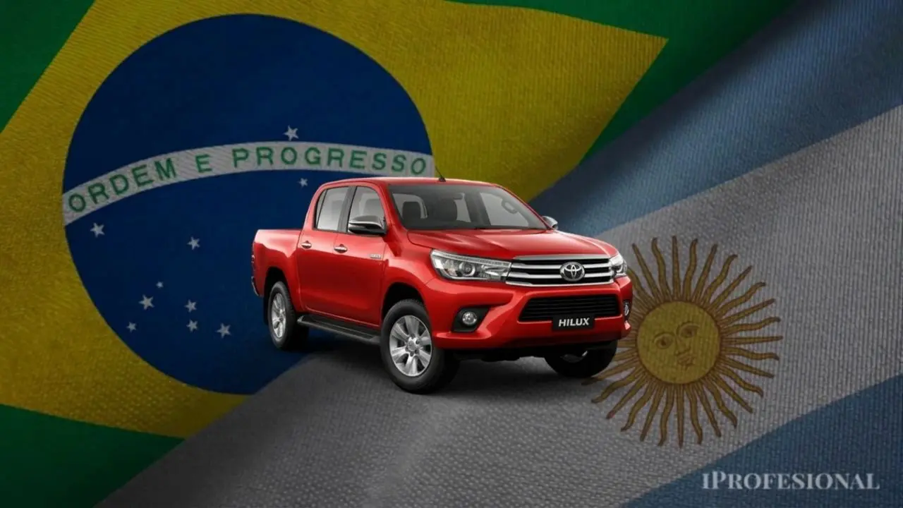 Una camioneta Hilux entre las banderas de Argentina y Brasil. Imagen generada por iProfesional