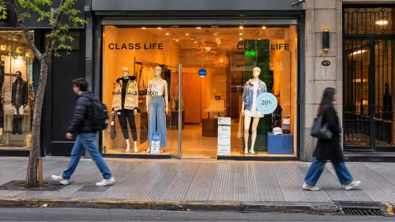 Fachada de un local de la marca Class Life con indumentaria en su vidriera y dos personas caminando en la vereda