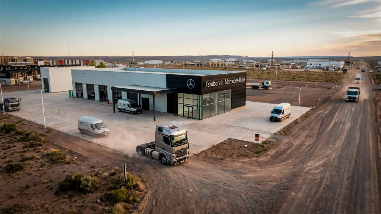 Vista aérea de la nueva sucursal de Taraborelli Mercedes-Benz en Añelo, con camiones y utilitarios en su predio