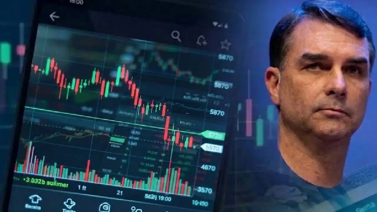 Flávio Bolsonaro y un celular con indicadores financieros