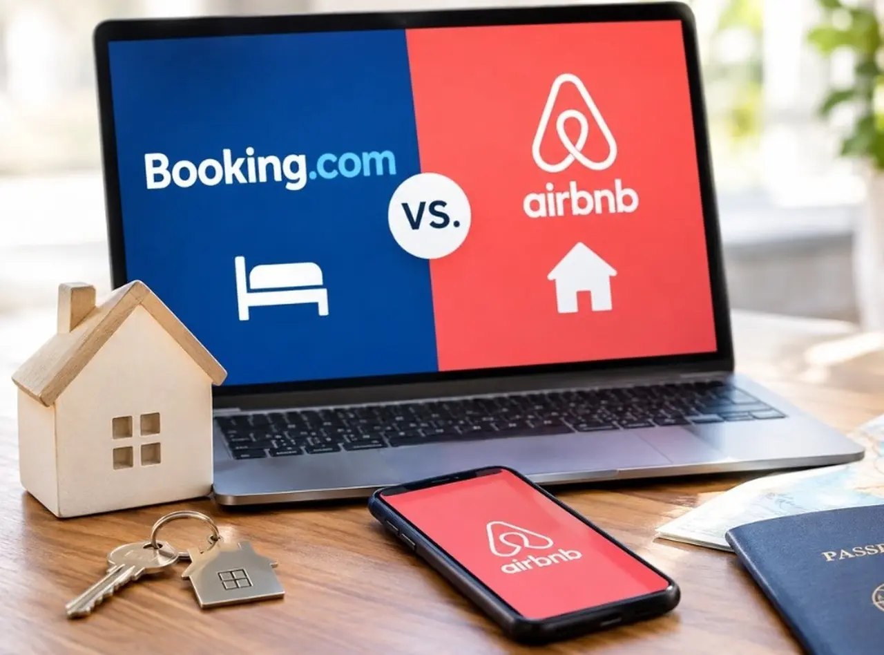 PANTALLA DE COMPUTADORA SOBRE UNA MESA, EN LA PANTALLA SE LEE BOOKING Y AIRBNB, CELULAR CON LOGO DE AIRBNB, CASITA DE MADERA, LLAVES Y UN PASAPORTE