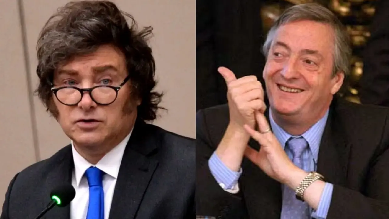 La mitad de la imagen con Javier Milei y la otra mitad con Néstor Kirchner