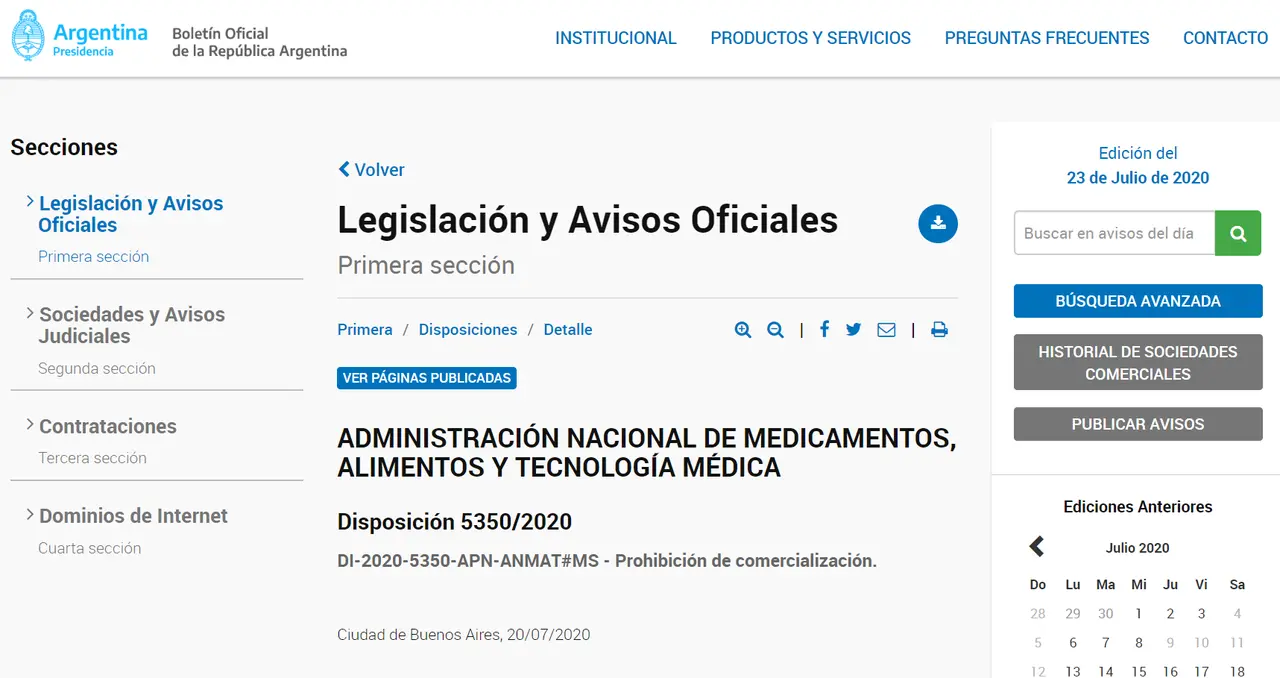 Esta es la disposición en la que ANMAT comunicó su decisión