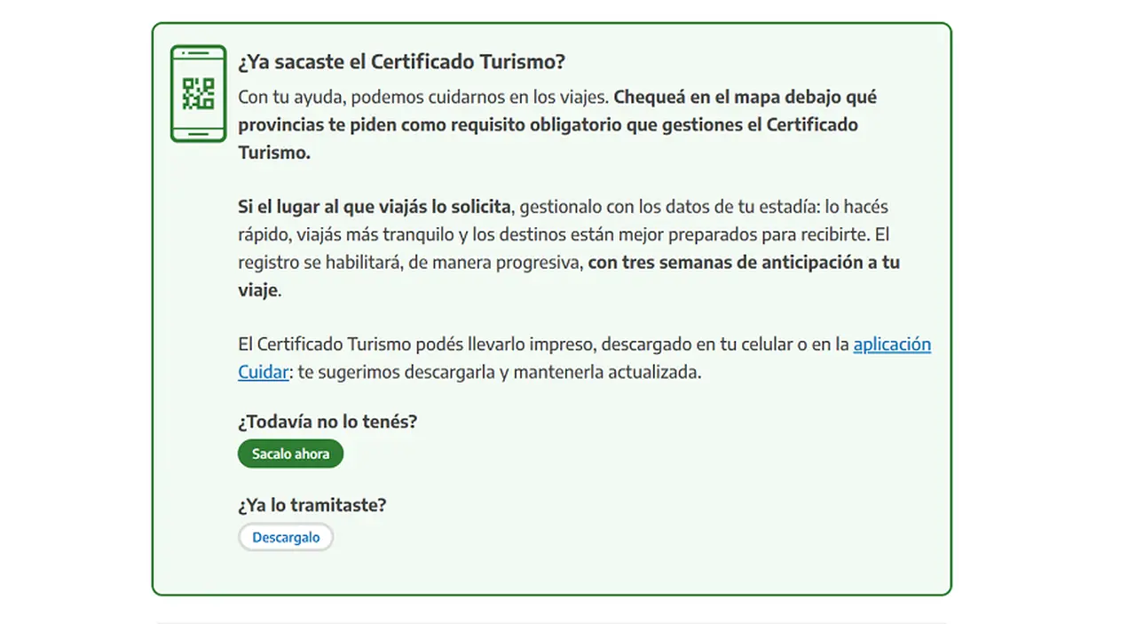 Este es el primer cartel que aparece cuando se trata de tramitar el Certificado Turismo desde la web