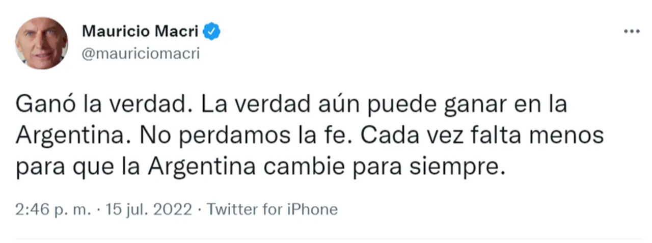 El tuit de Mauricio Macri tras su absolución
