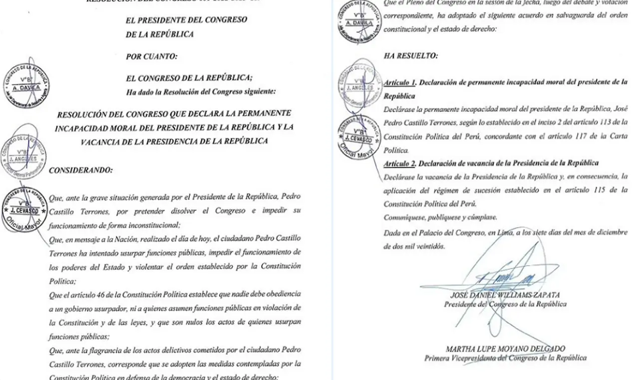 El Congreso de Perú publicó la resolución que hace efectiva la destitución de Castillo.