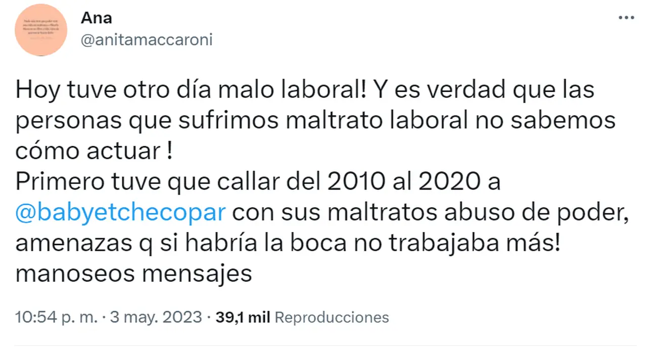 La productora y locutora Ana Maccaroni hizo su descarto a través de Twitter.