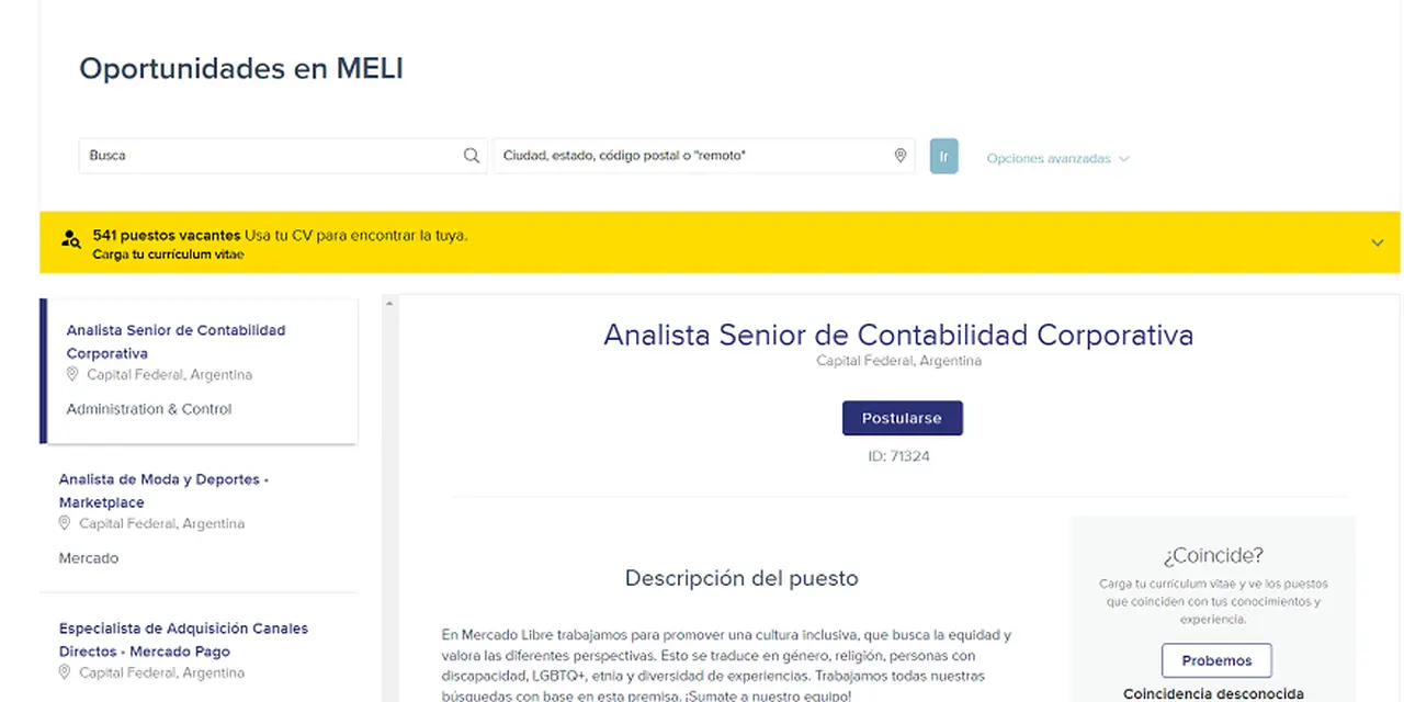 En la web de Mercado Libre, podrás adjuntar tu CV para buscar coincidencias con alguna vacante.