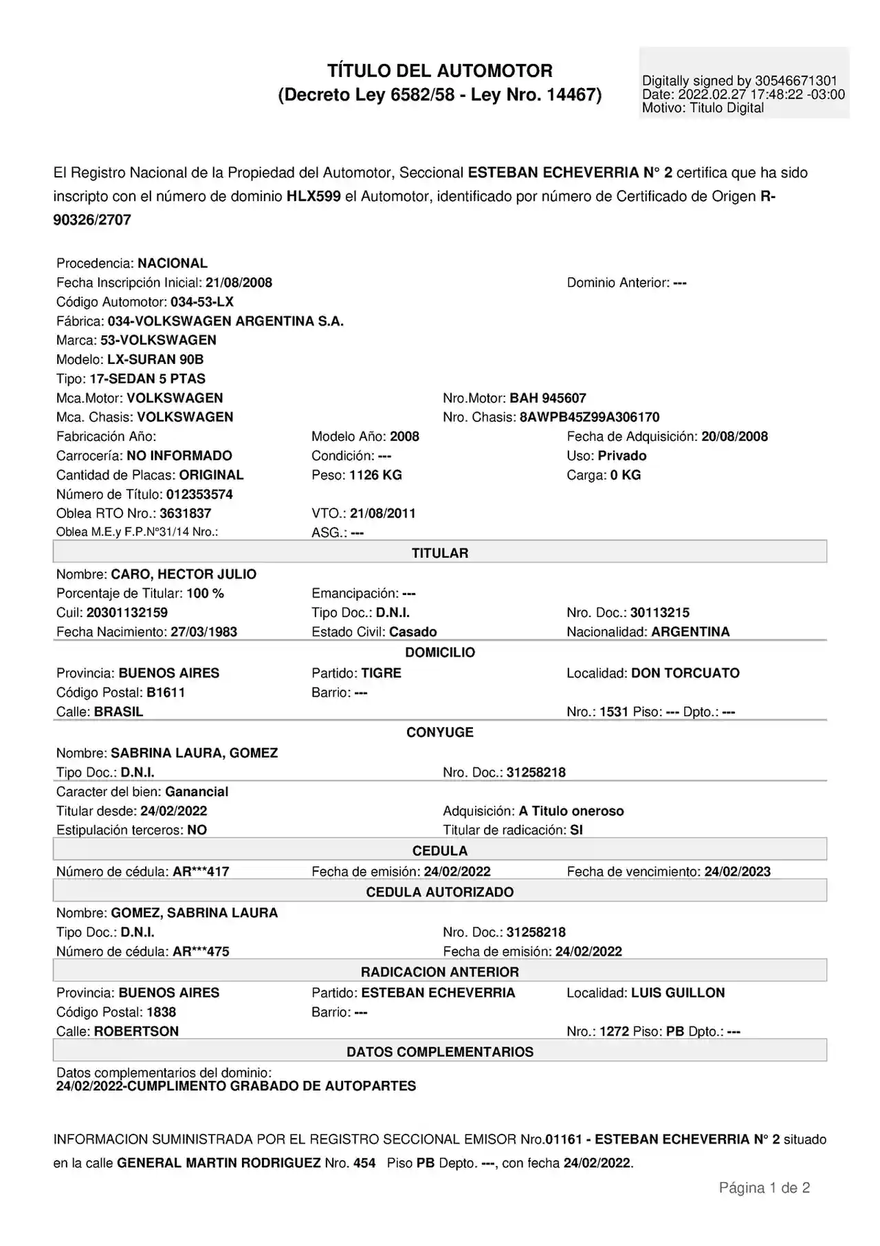 El título automotor es el documento más importante que deben tener los propietarios