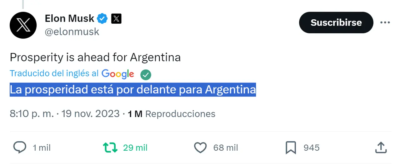 Elon Musk celebró el triunfo de Milei en el balotaje de este domingo.