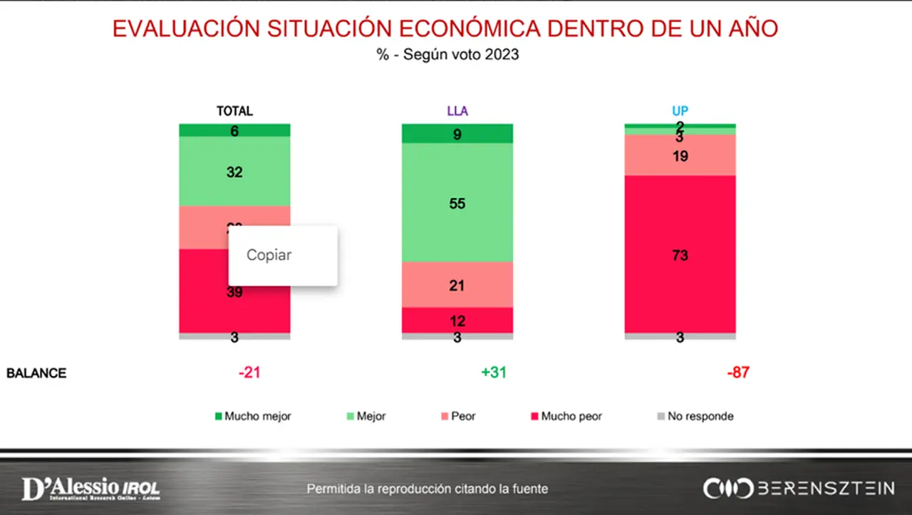 Entre los votantes de La Libertad Avanza, el optimismo económico es mayor, de cara a 2024.