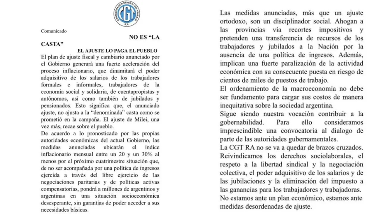 El comunicado de la CGT fue contra las medidas del Gobierno
