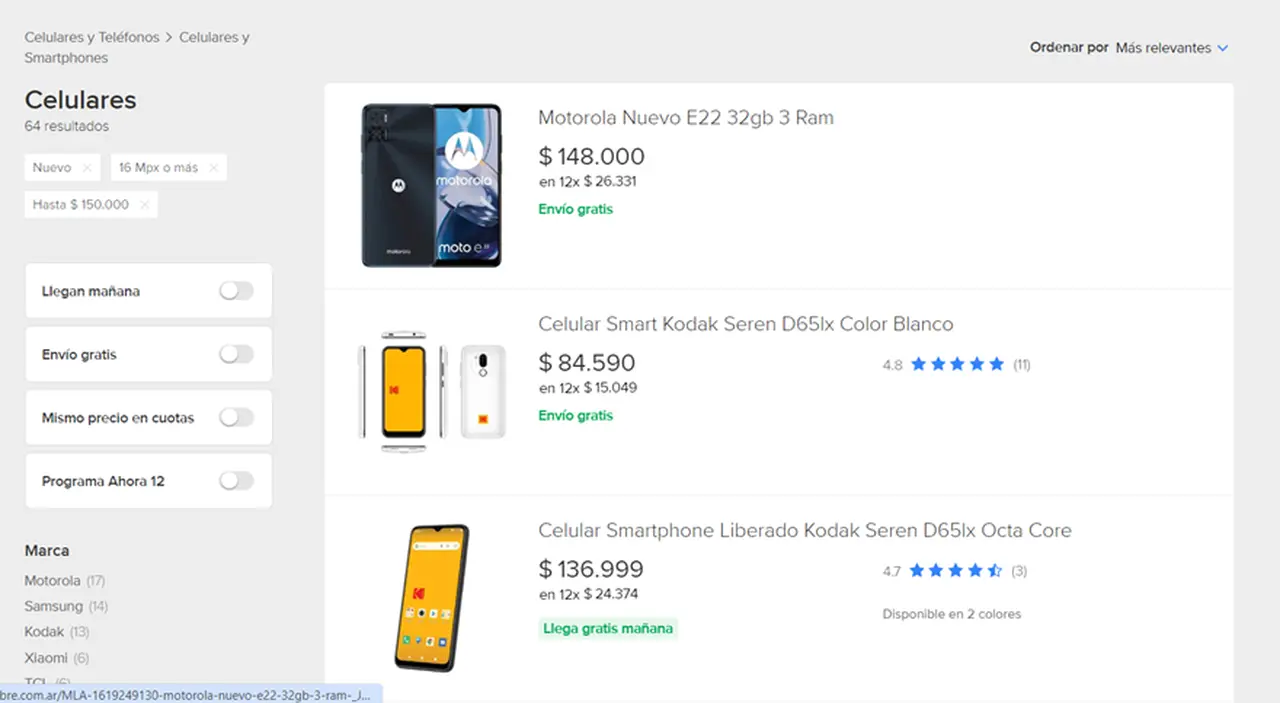 Mercado Libre permite buscar celulares