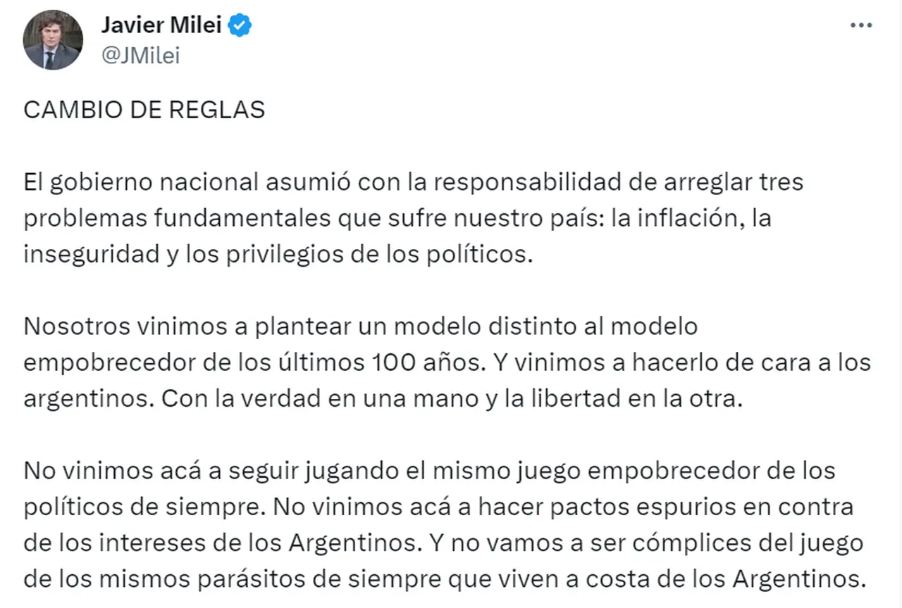 Parte del mensaje que publicó Javier Milei este viernes en su cuenta oficial de X.