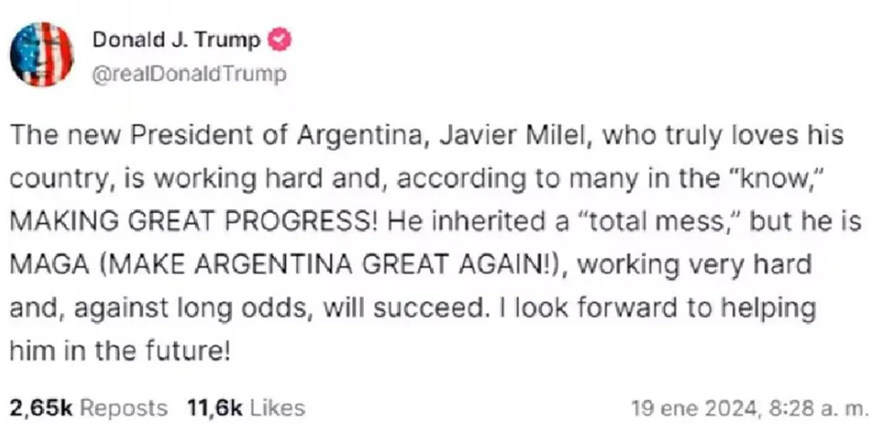Trump ha dedicado elogios públicos a Milei, y adaptó su eslogan de campaña para afirmar 