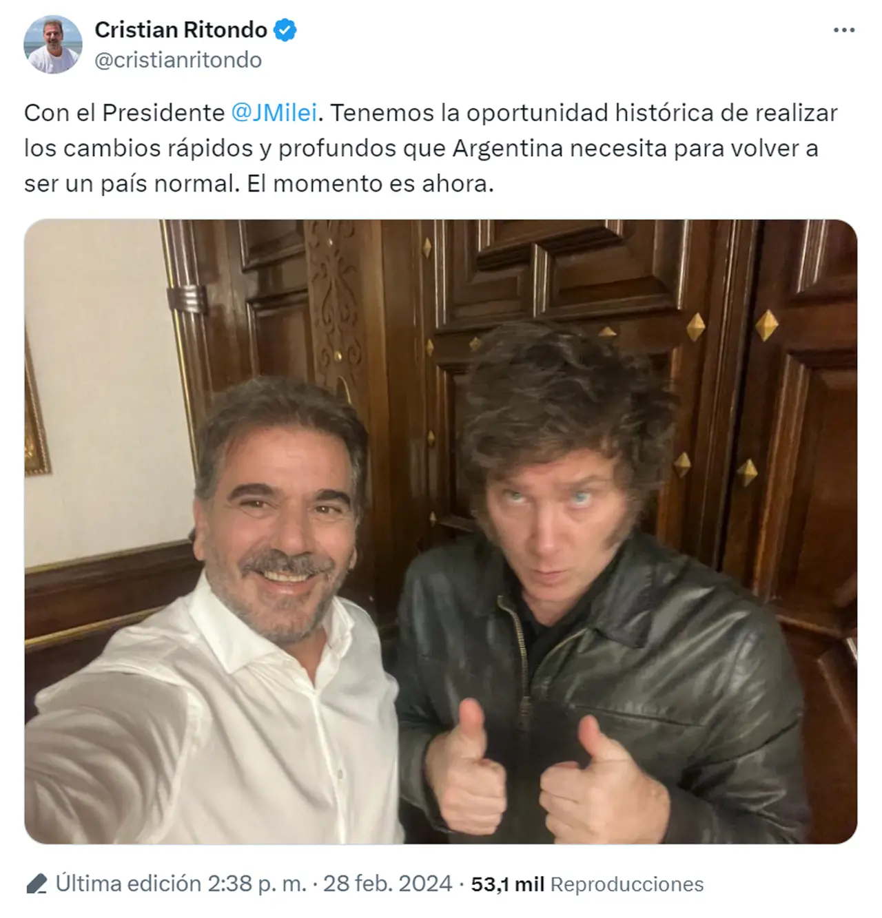 Javier Milei recibió a Cristian Ritondo en Casa Rosada.