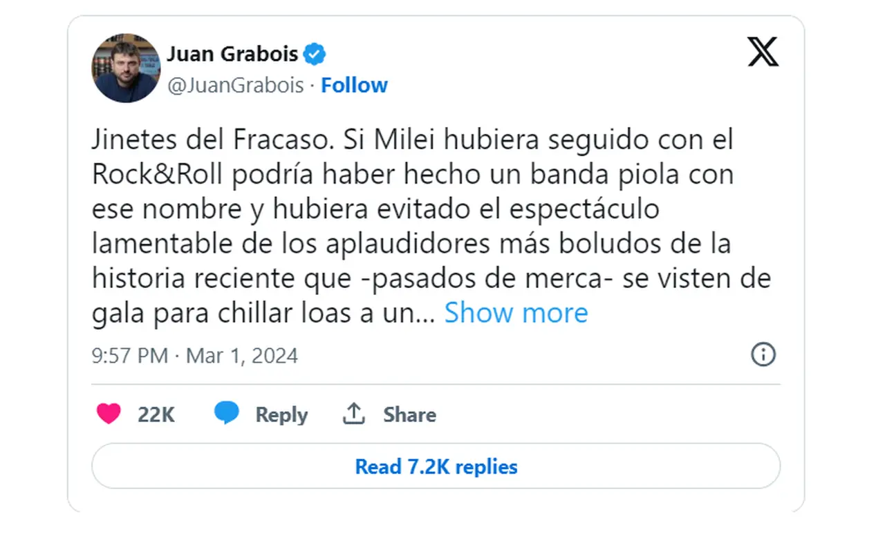 El tuit de Grabois contra los dichos de Milei.