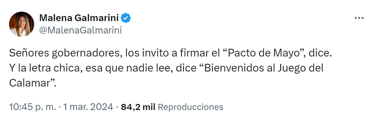 El polémico twit de Malena Galmarini sobre el Pacto de Mayo.