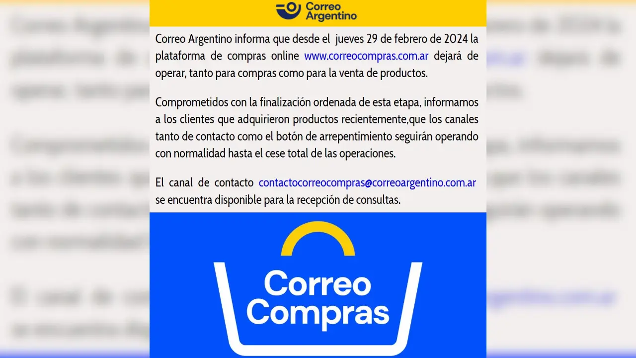 El comunicado con el que Correo Argentino confirmó el cierre de Correo Compras