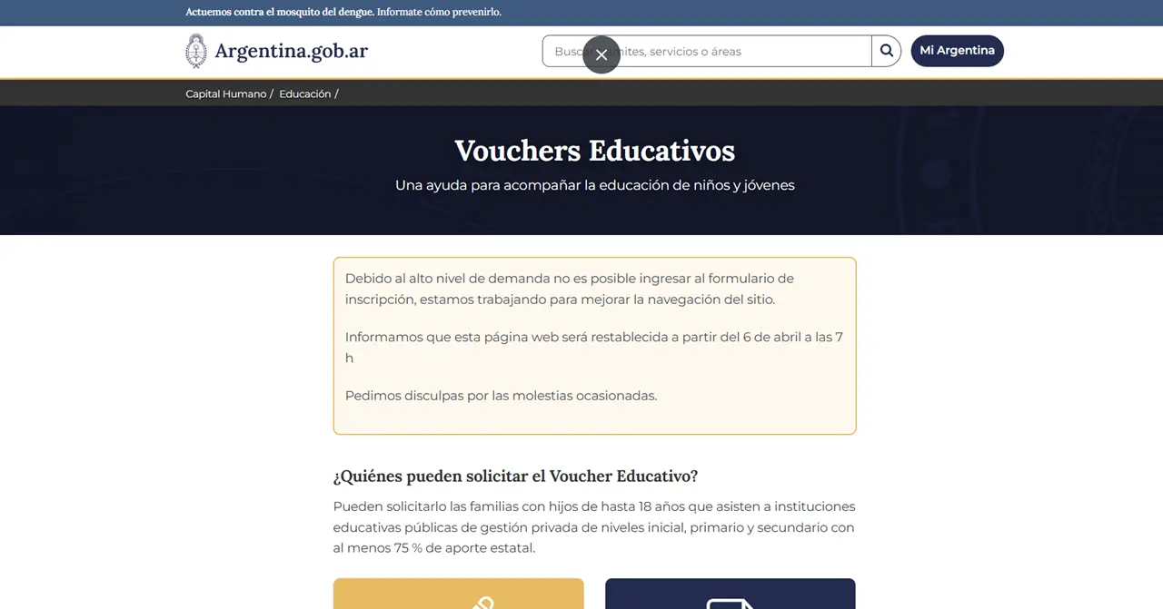 La web para solicitar vouchers educativos volverá a funcionar este sábado 6 de abril a las 7 de la mañana.