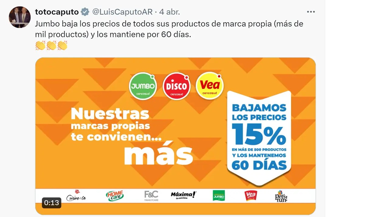Caputo celebró que Jumbo haya bajado los precios en productos de su propia marca.