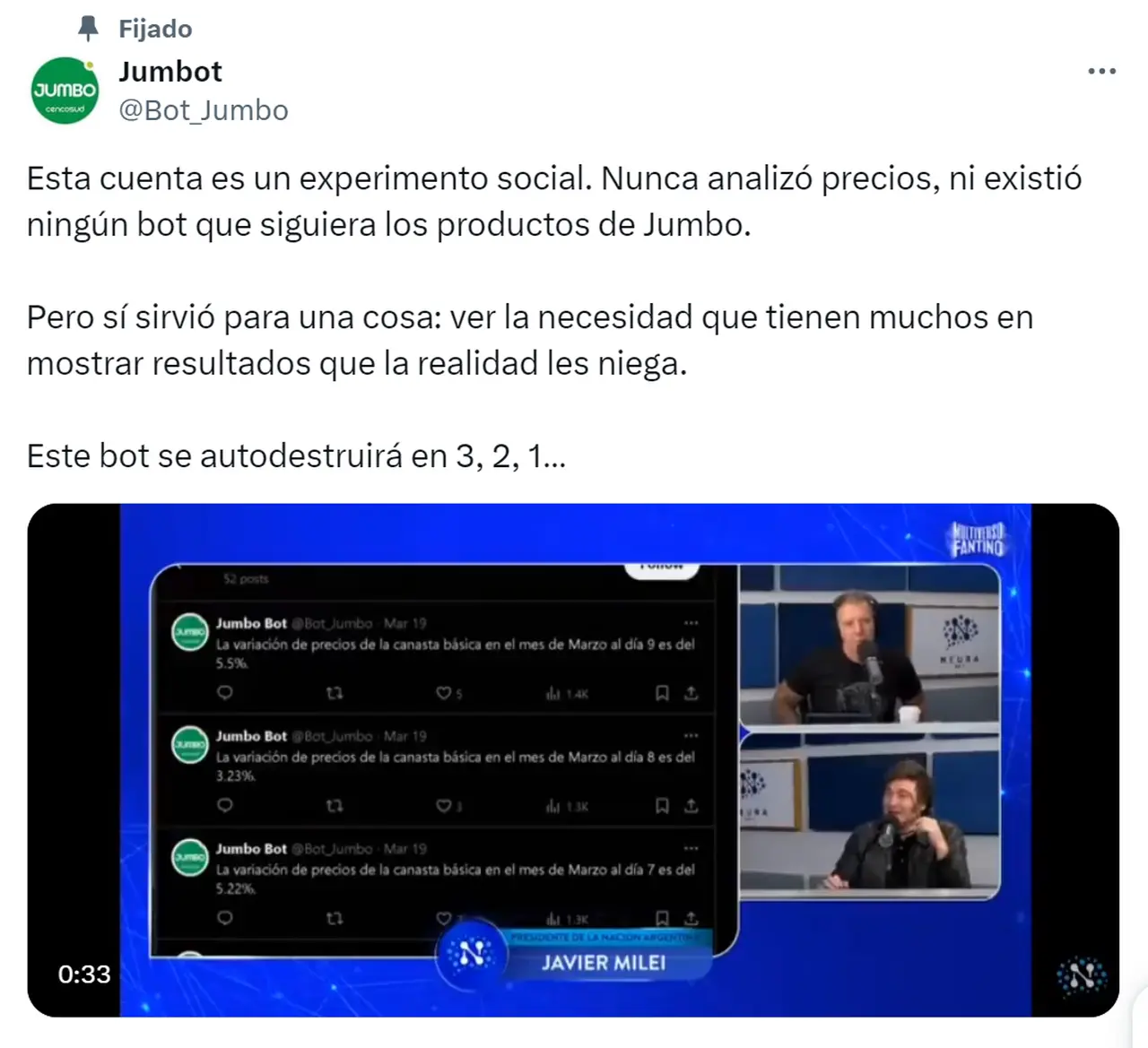 El mensaje que publicó la cuenta de X que se llama Jumbo Bot y engañó a Javier Milei y Luis Caputo