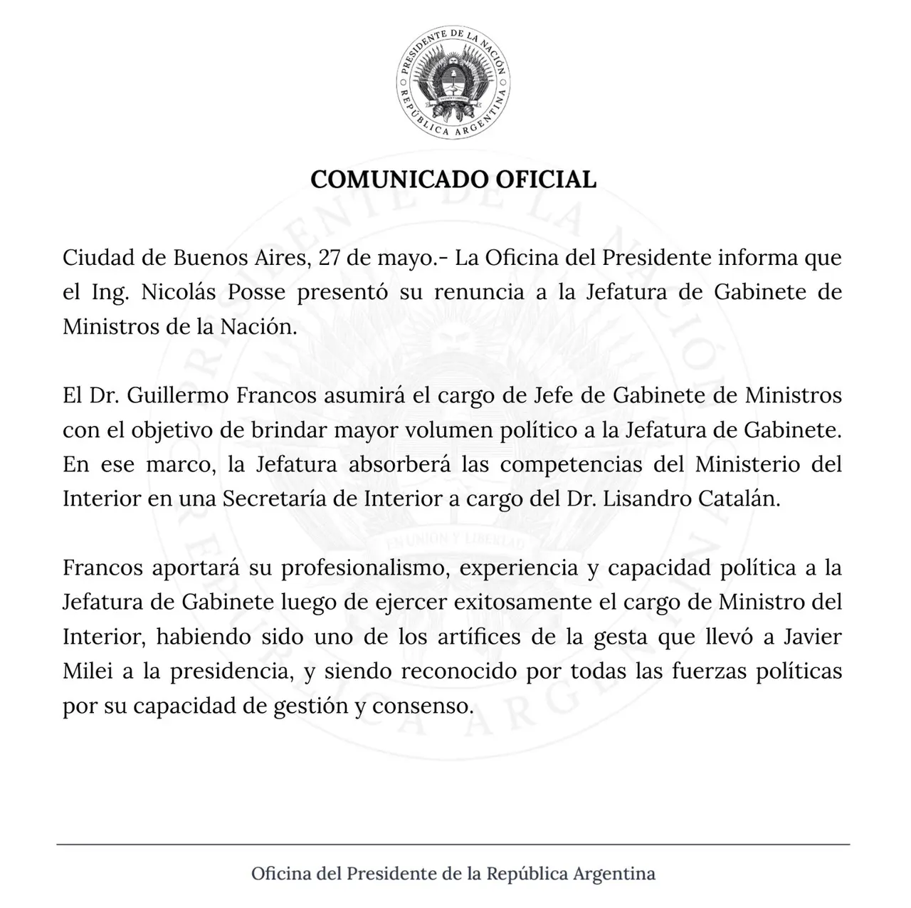 El Gobierno confirmó que Guillermo Francos reemplazará a Nicolás Posse. Y Lisandro Catalán quedará a 