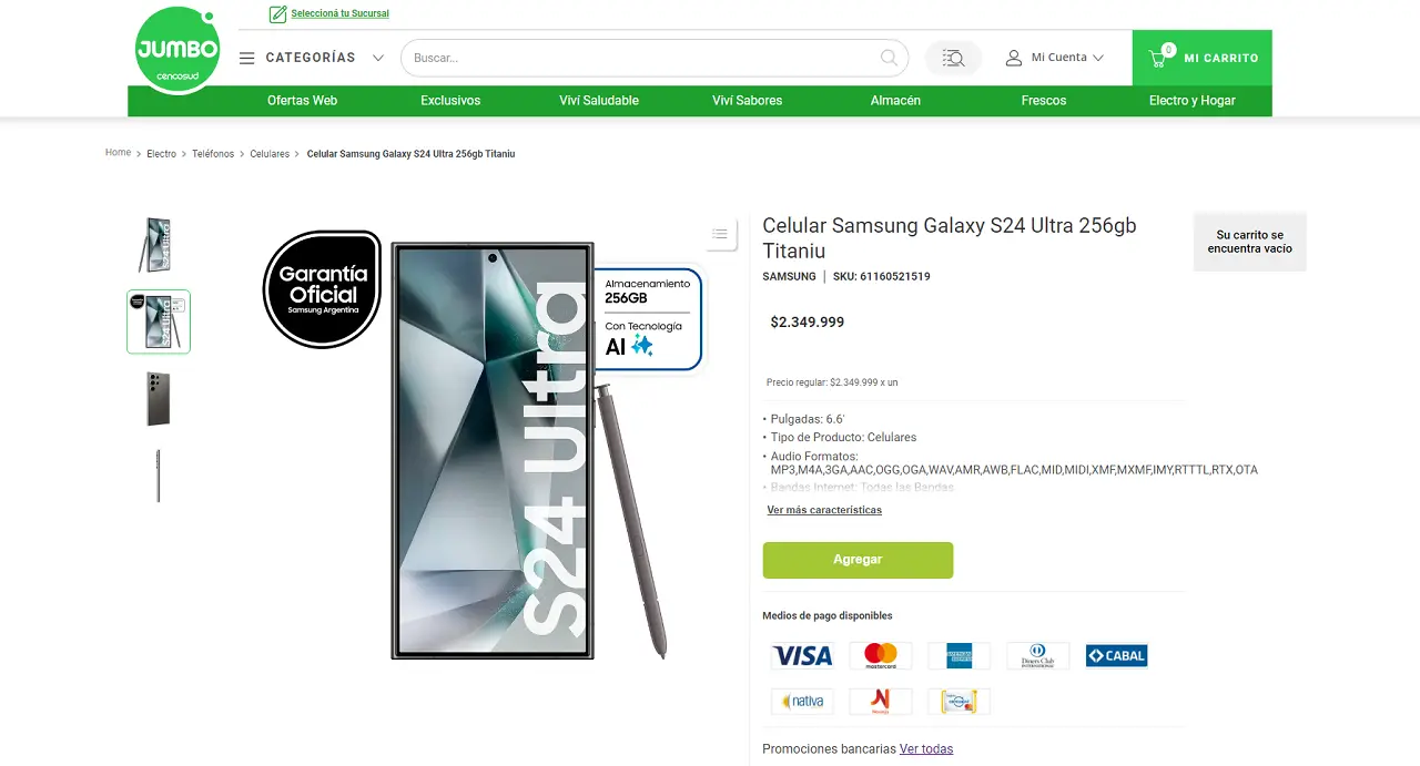 Jumbo ofrece celular Samsung S24 en 12 cuotas sin interés.