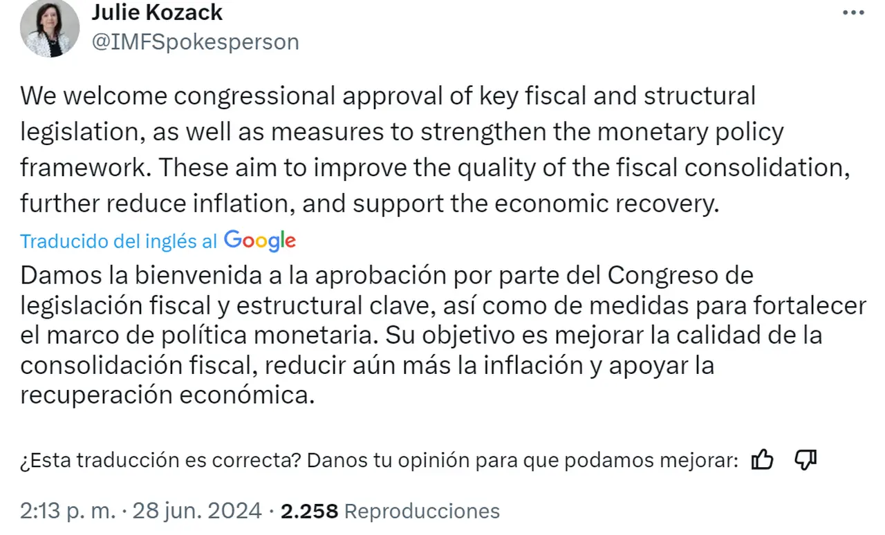 La portavoz del FMI destacó la aprobación de la Ley Bases en el Congreso.