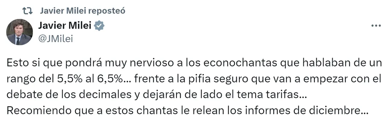 El presidente Javier Milei celebró la inflación estimada por Luis Caputo.
