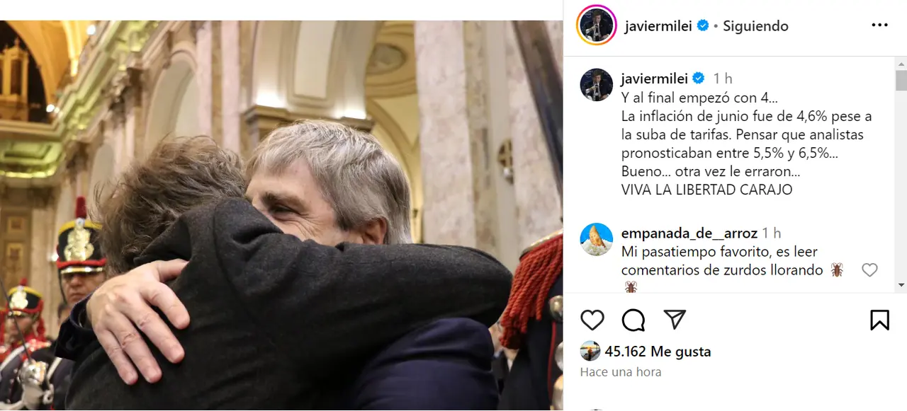 Con un guiño a Caputo, Milei reaccionó ante el nuevo dato de inflación en sus redes sociales.