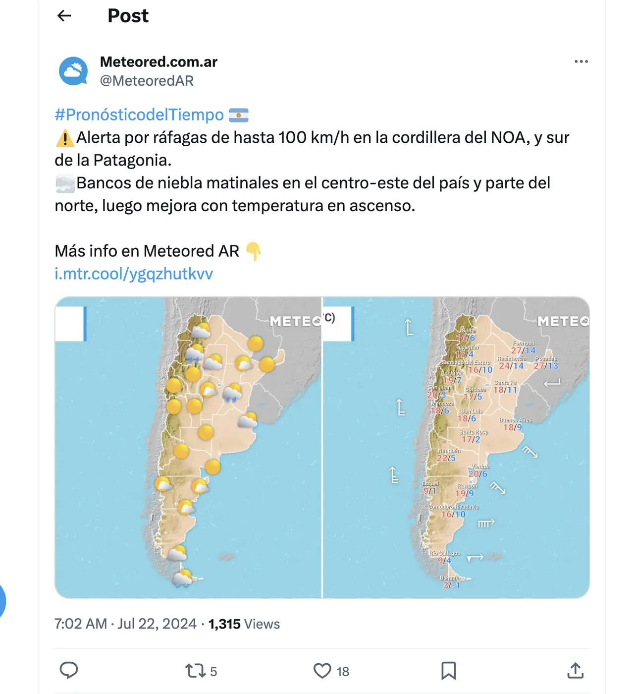 La plataforma Meteored informó sobre la presencia de extensos bancos de niebla matinales en el centro-este y norte del país