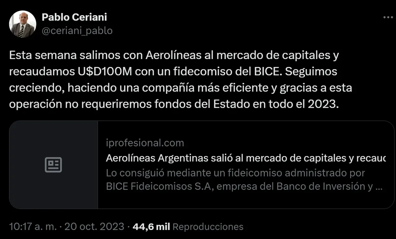 En octubre de 2023, Ceriani informaba que Aerolíneas Argentinas recurriría al mercado de capitales.