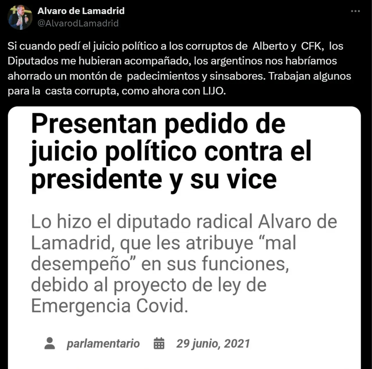 Alvaro Lamadrid fue otro de los dirigentes que pidió juicio político contra Alberton Fernández.