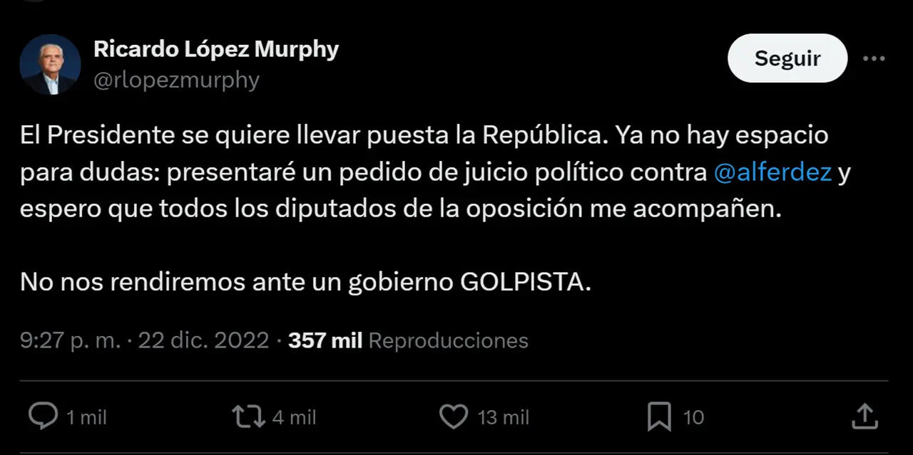 López Murphy hizo eco de su pedido de juicio político en diciembre de 2022.