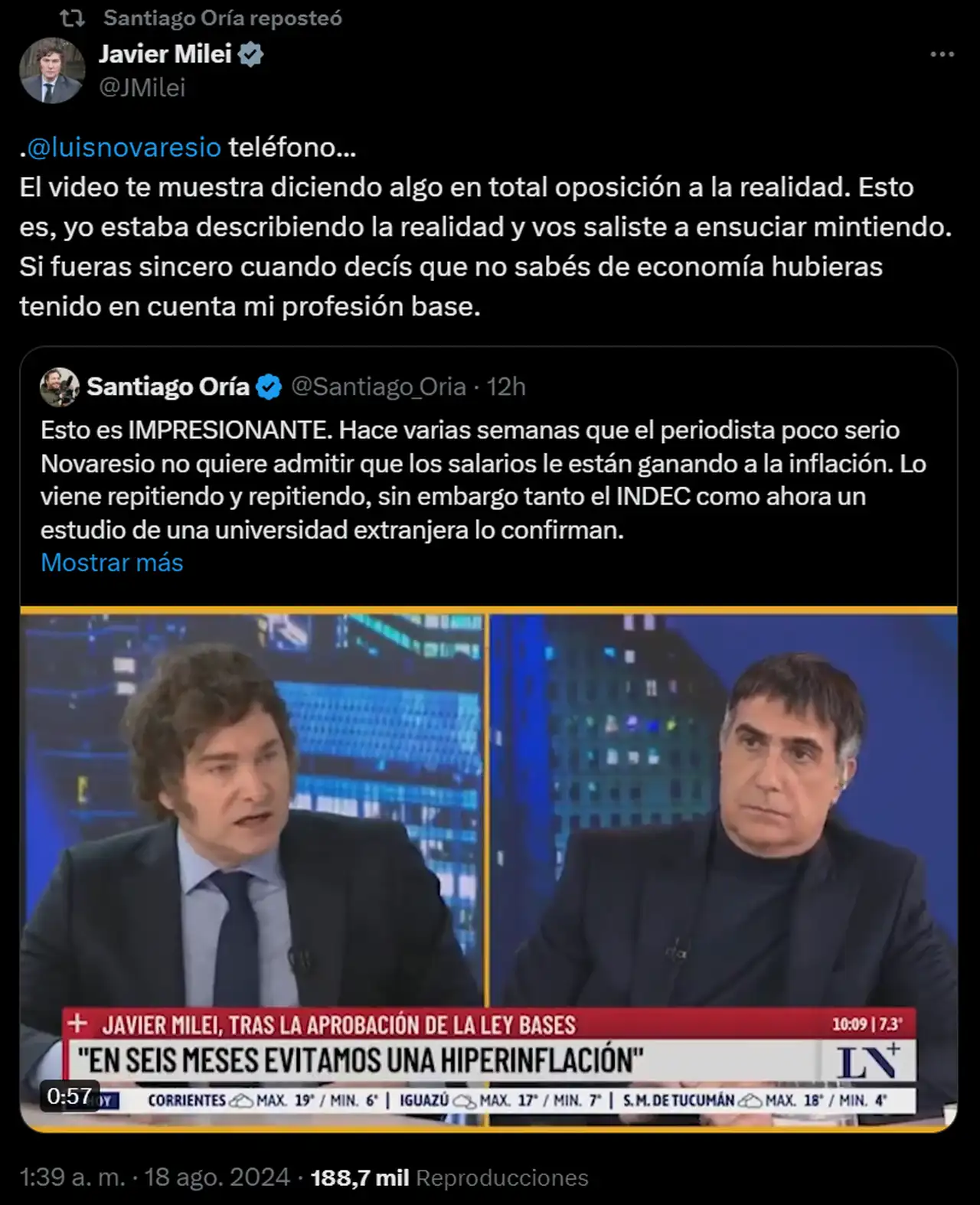 Javier Milei cuestionó a Luis Novaresio por sus dichos sobre la inflación a fines de junio.