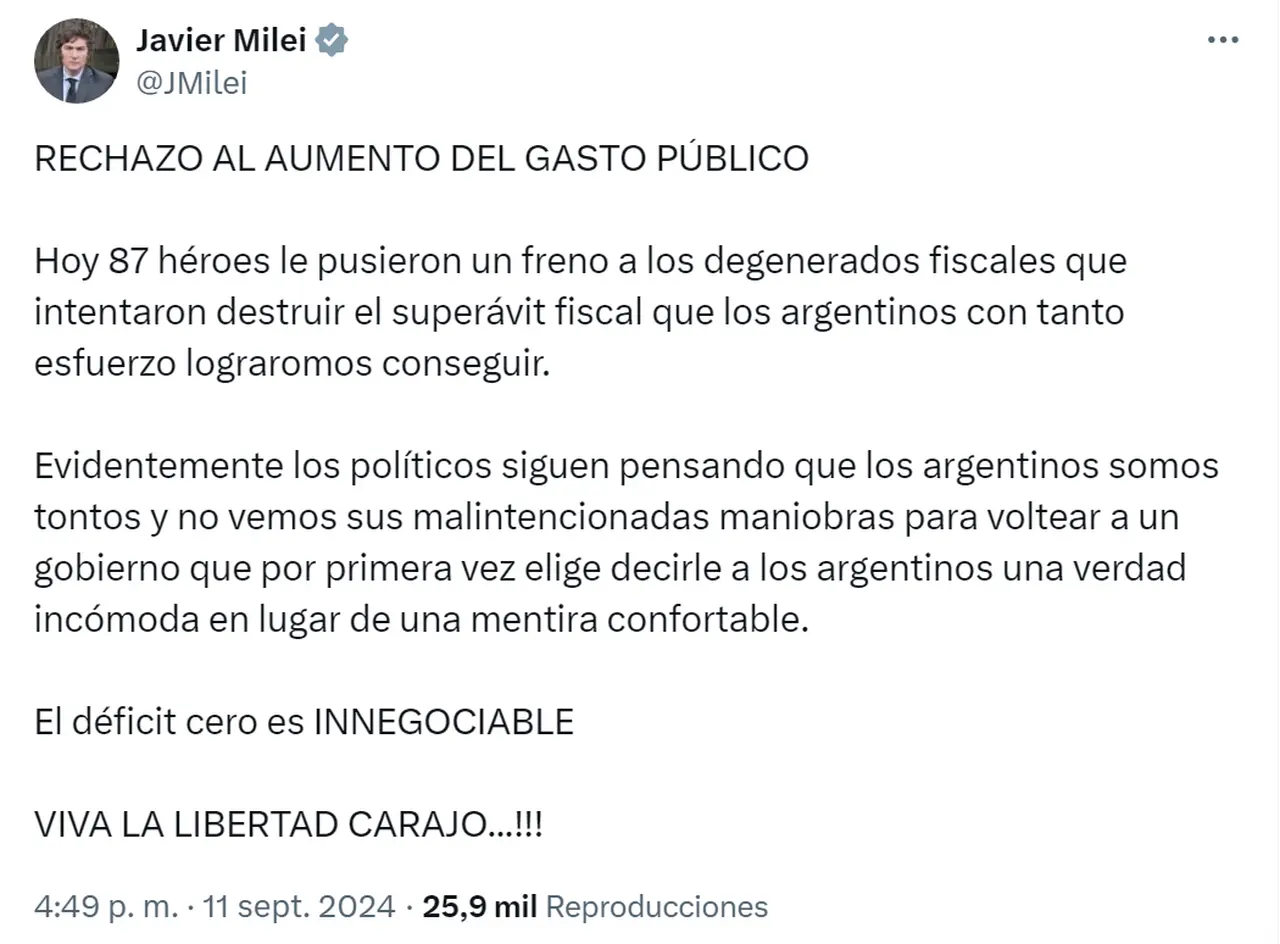 Javier Milei reaccionó tras el respaldo al veto a la reforma jubilatoria.
