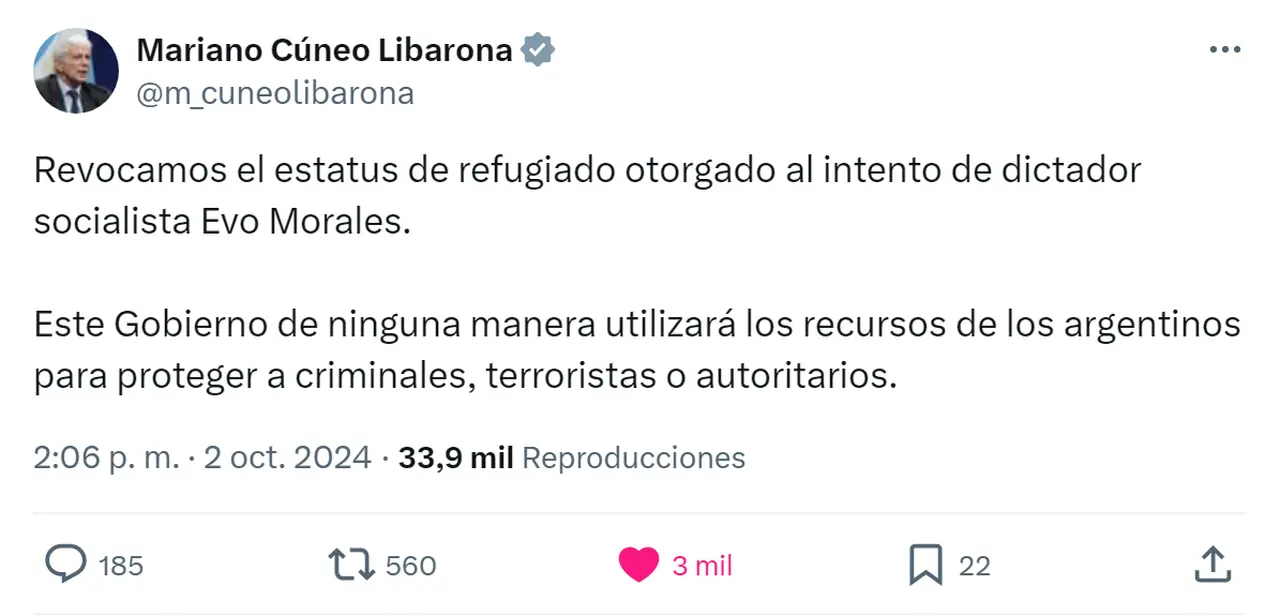 Mariano Cúneo Libarona reaccionó tras la medida del Gobierno sobre Evo Morales.