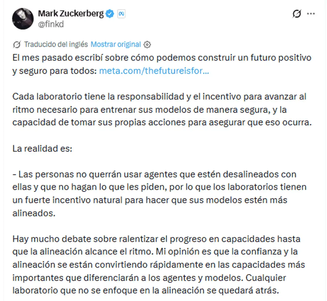 Posteo Zuckerberg sobre los riesgos de la IA