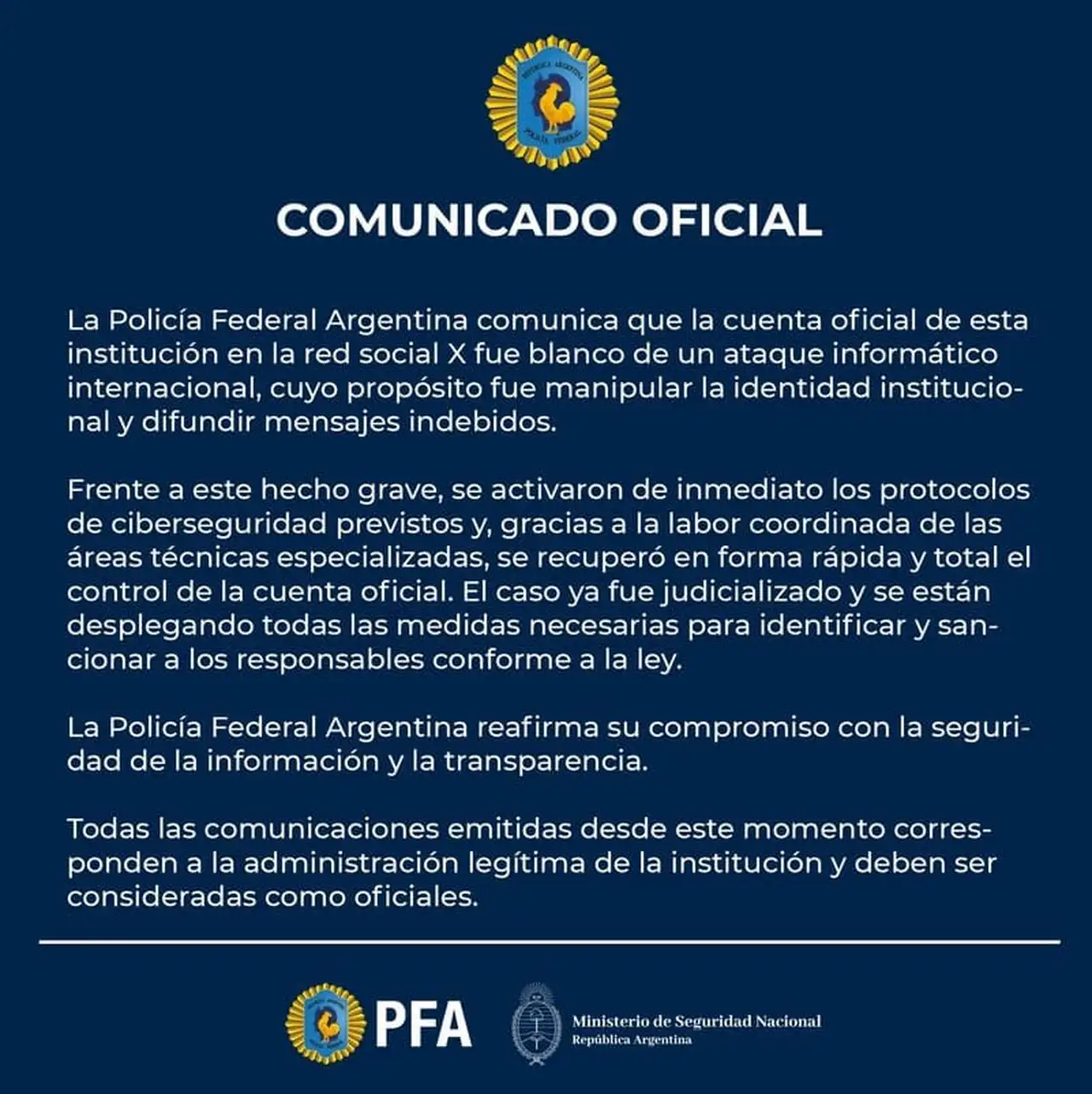 X: hackearon cuenta de la Policía Federal y la usaron para una estafa con criptomonedas