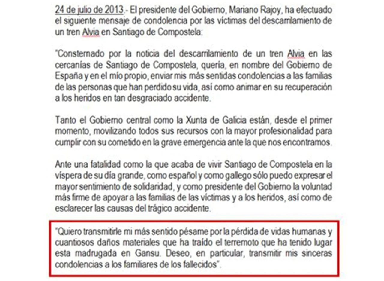 Increí­ble error de Rajoy: confundió la tragedia ferroviaria con un terremoto en China