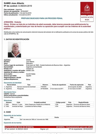 Alerta roja de Interpol para detener a Samid